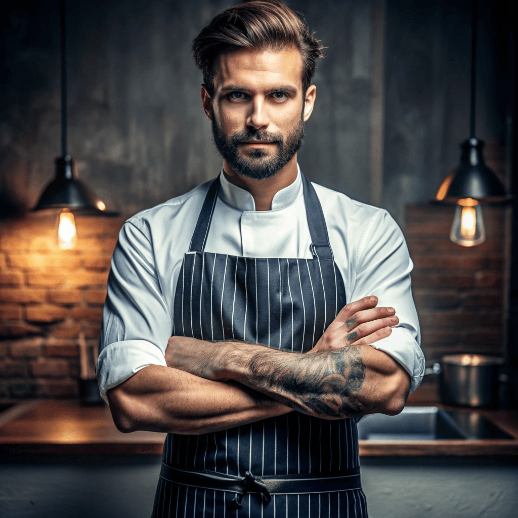 Men Chef wearing a sleek edgy custom apron