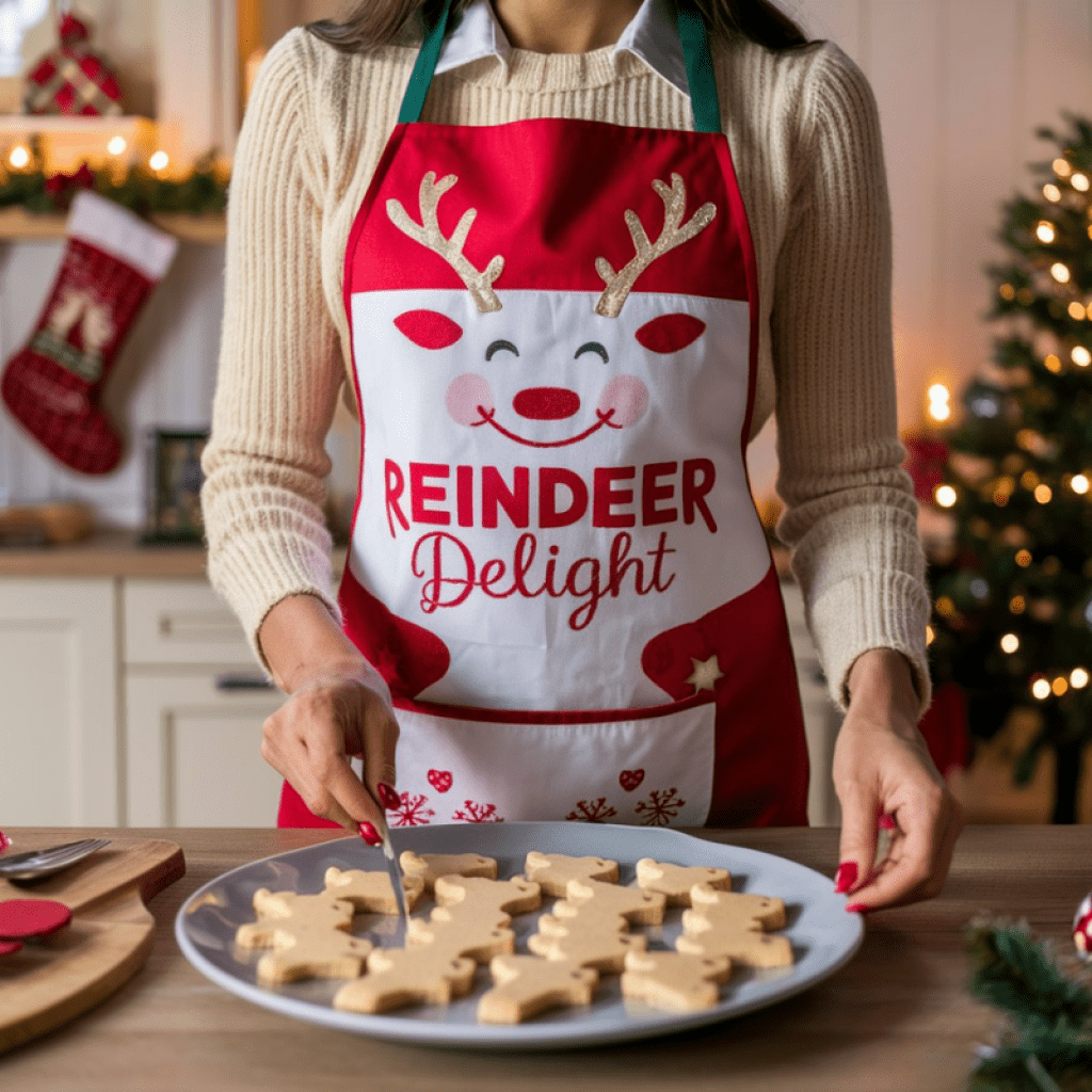 women standing in the kitchen and wearing a christmas reindeer apron