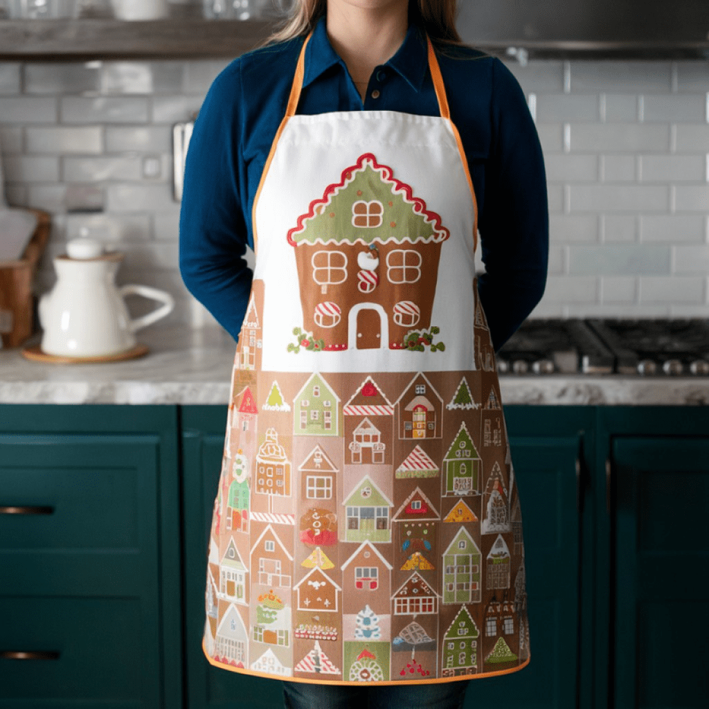 Women standing in the kitchen and wearing a Gingerbread house apron for christmas baking