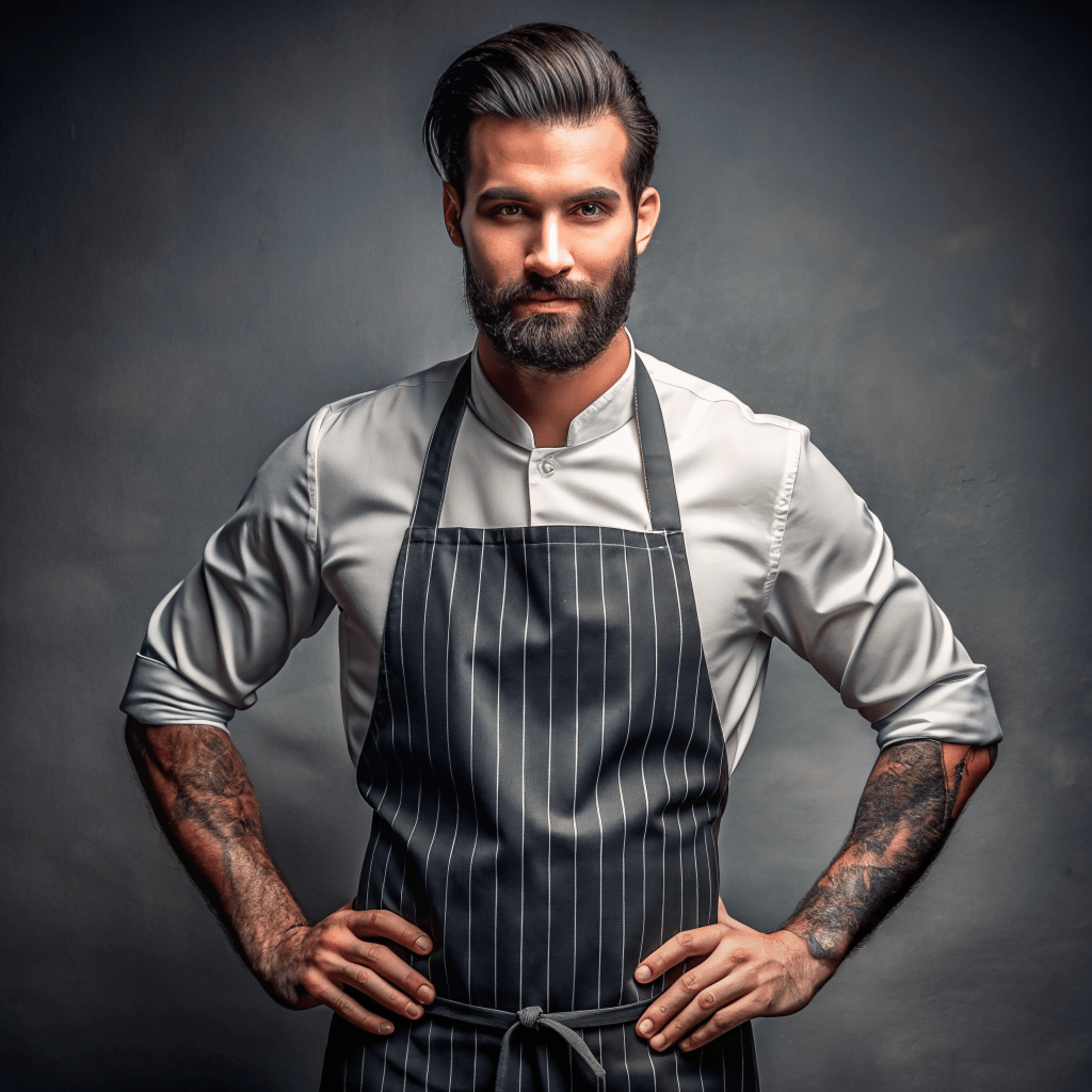 A person wearing an black apron while standing in the kitchen