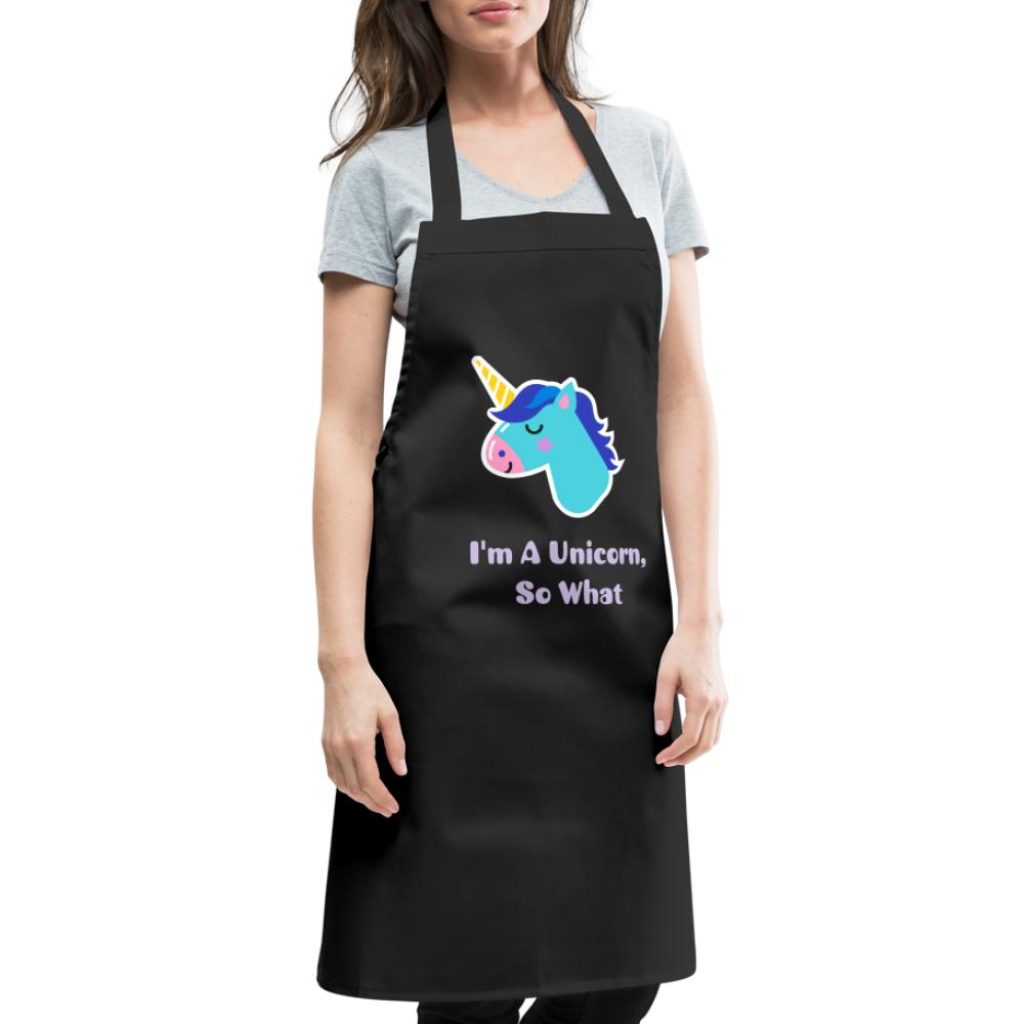 Women wearing a black apron with unicorn motif