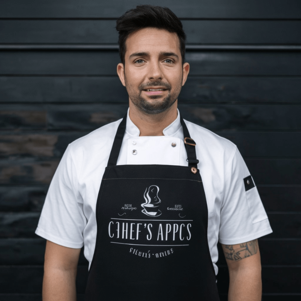 Men with black chefs apron in front of a wood wall