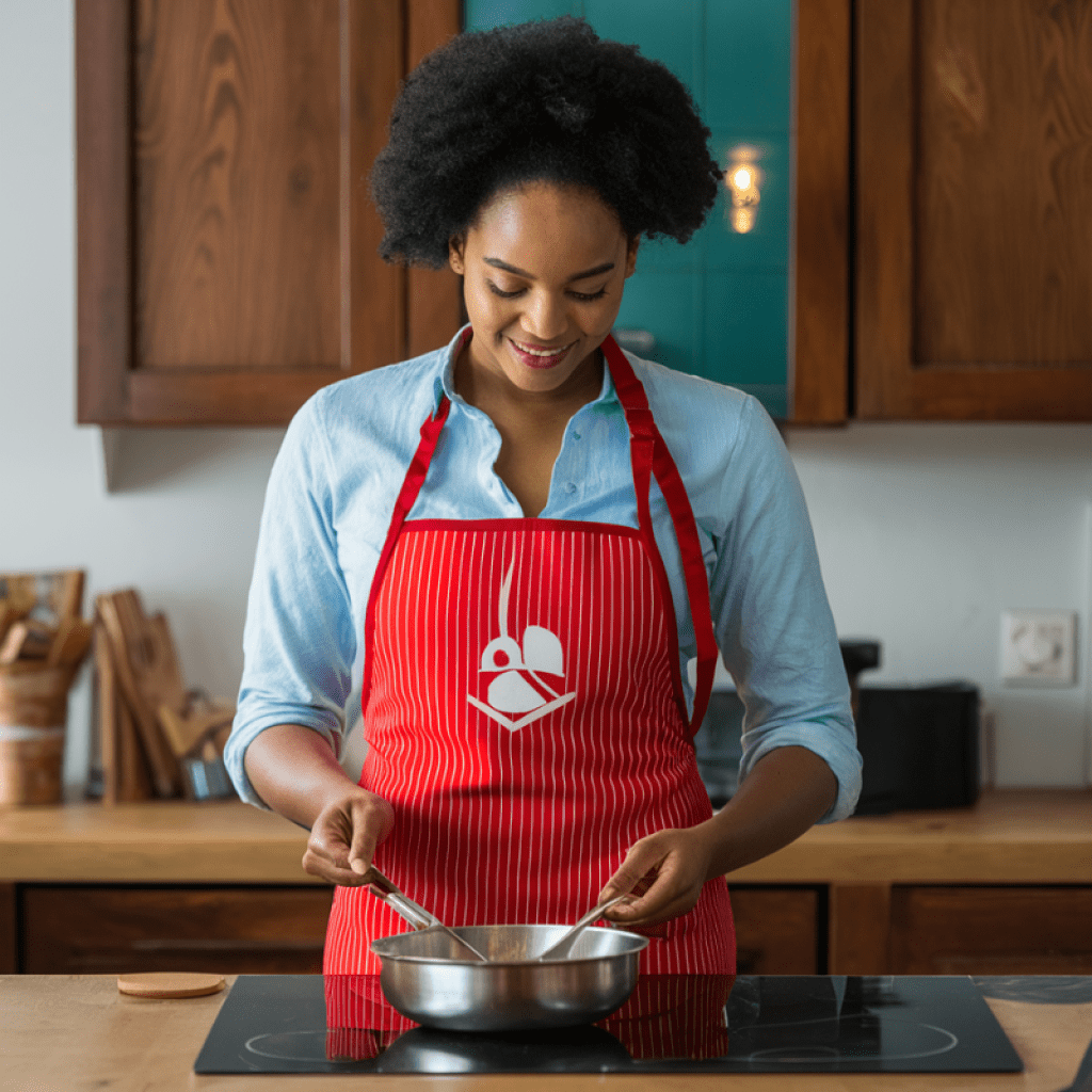 Women in the kitchen wearing a cooking apron in red