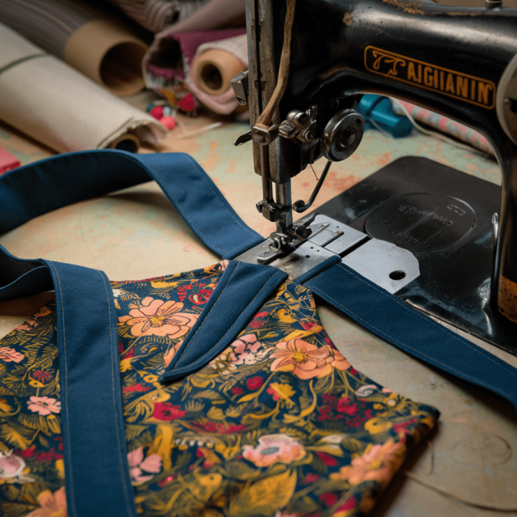 Sewing machine stitching the straps onto the main body of the apron.