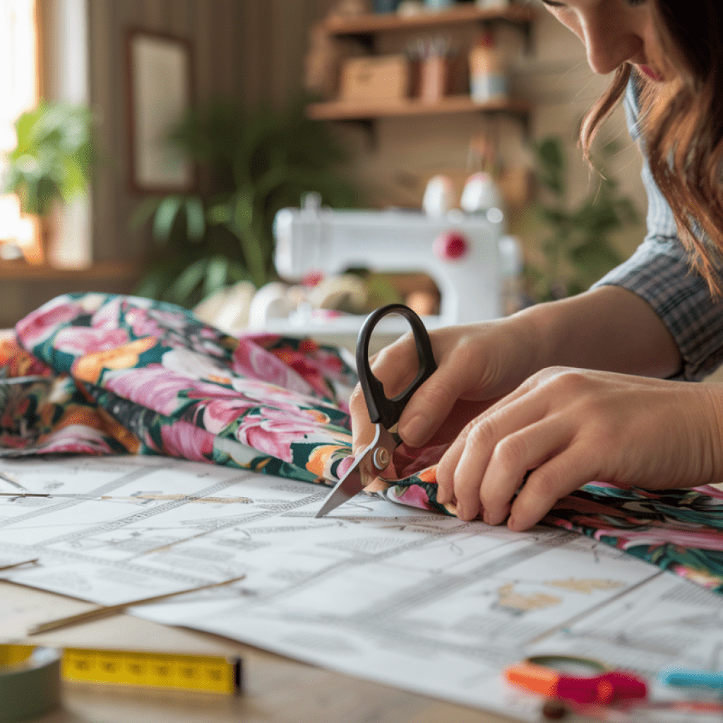 Cutting fabric using a pattern for a homemade apron.