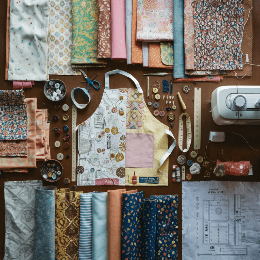 Materials needed for making a apron neatly arranged on a table.