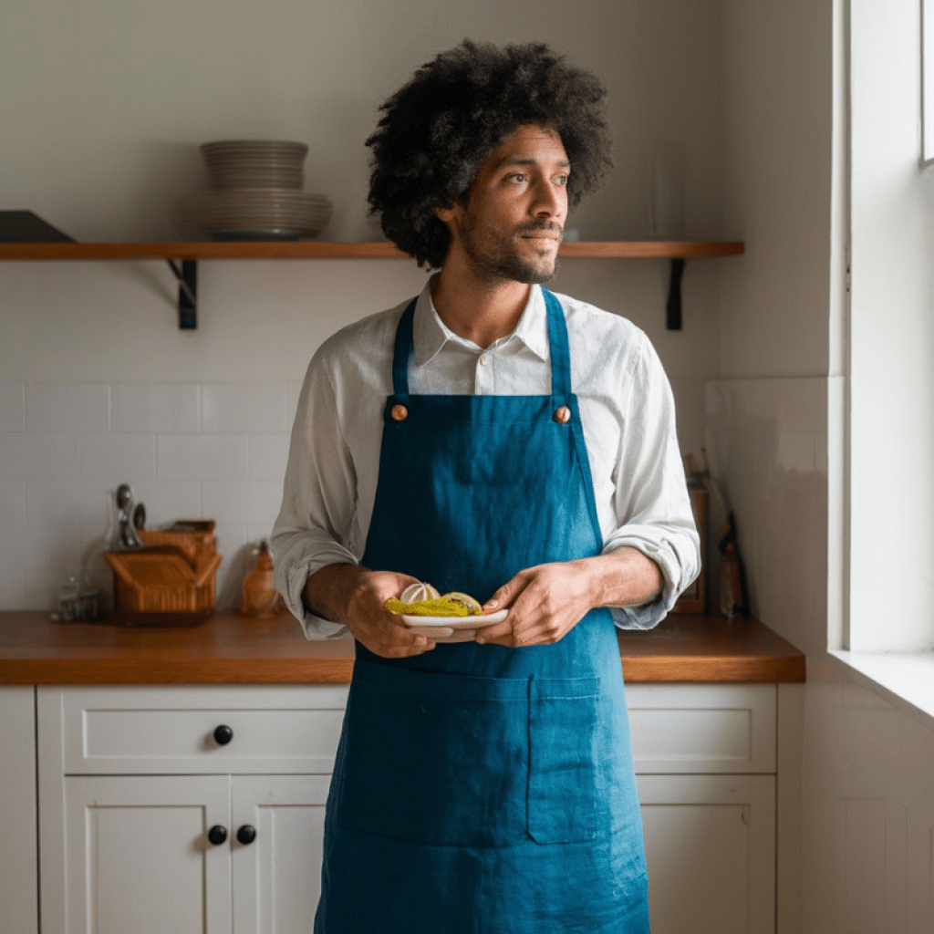 Men in the Kitchen wearing a blue linen cooking apron