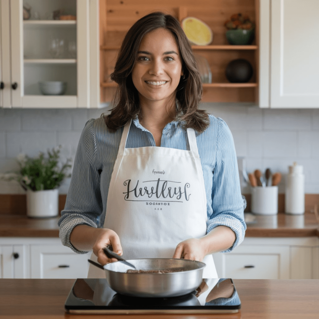 Women in the Kitchen wearing a white personalized cooking apron with adjustable straps