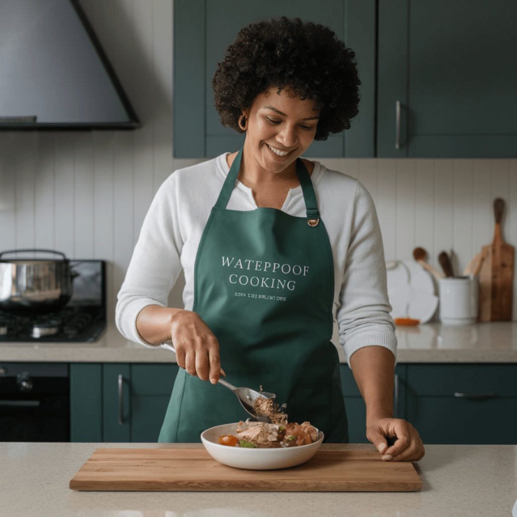 Women in the Kitchen wearing a green waterproof apron